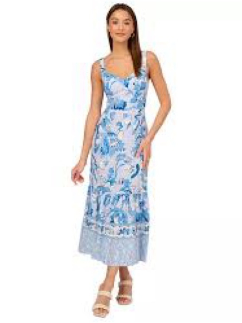 💙 Adrianna Papell Blue & White Floral Maxi Dress — Size 16